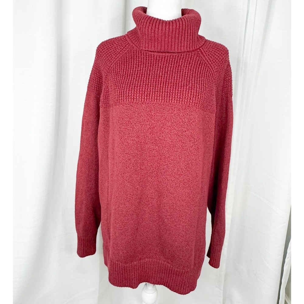 LL Bean Women's XL Red Heather Cotton Waffle Knit Turtleneck Sweater Side Slits